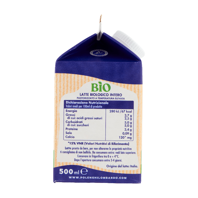 Latte biologico intero pastorizzato a temperatura elevata